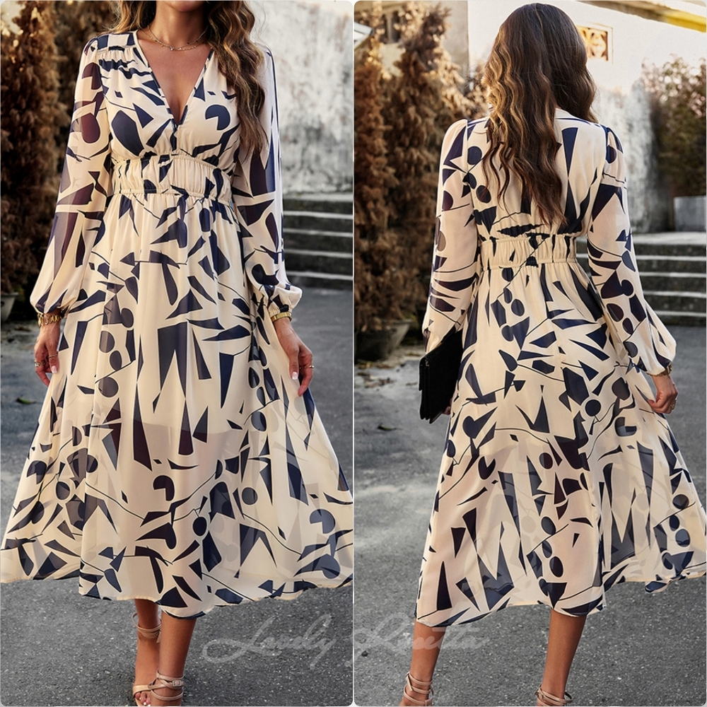 Boho Printed V-Neck Long Sleeve Midi Dress